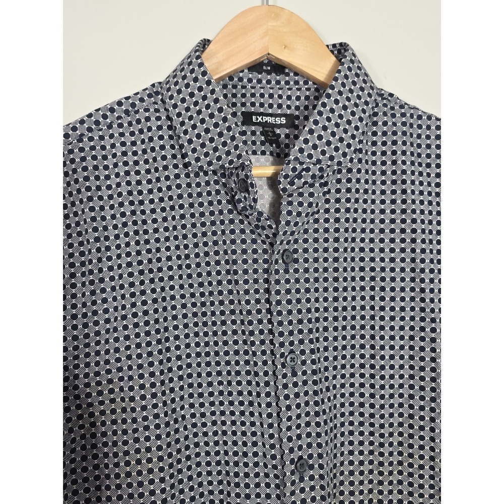 Express Slim Fit Dress Shirt Men 15-15.5 L Blue Geometric Button Up - Picture 4 of 10